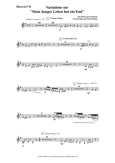 Jan Pieterszoon Sweelinck Paul Wehage Variations On Mein Juges Leben Hat Ein Ende Arranged For Concert Band F Horn 2 Part Page 2