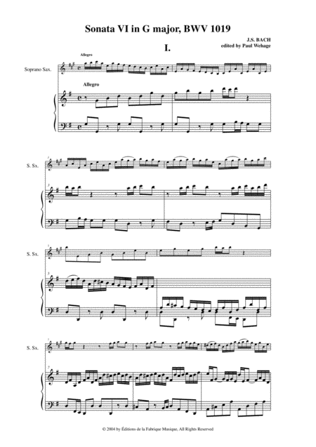 Js Bach Sonata No 6 In G Major Bwv 1019 Arranged For Soprano Saxophone And Keyboard By Paul Wehage Page 2