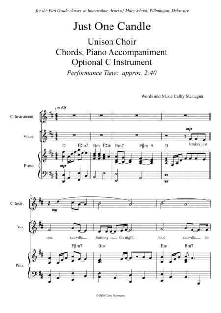 Just One Candle Unison Choir Chords Piano Accompaniment Optional C Instrument Page 2