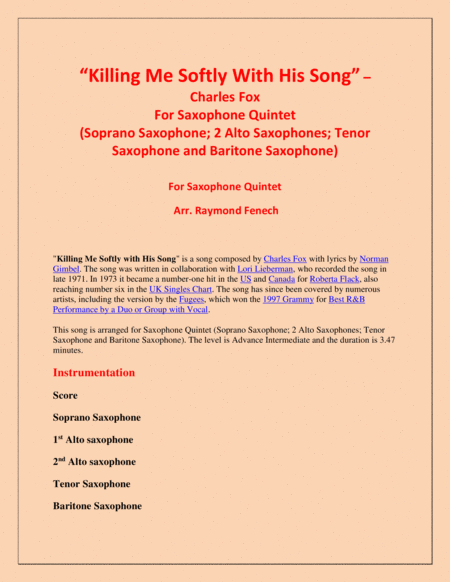 Killing Me Softly With His Song For Saxophone Quintet Soprano Sax 2 Alto Sax Tenor Sax And Baritone Sax Page 2