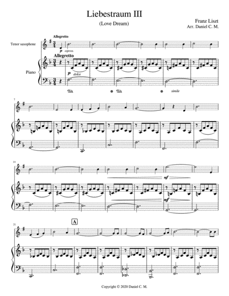 Liebestraum For Tenor Saxophone And Piano Easy Page 2