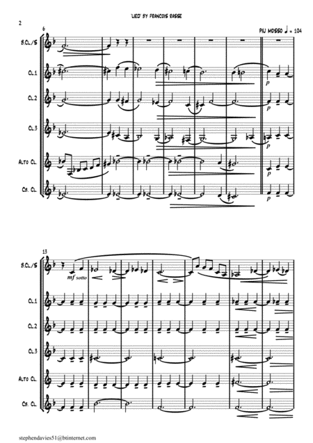 Lied Song By Francois Rasse For Solo Bass Clarinet 3 Bb Clarinets Alto Clarinet Contra Bass Clarinet Page 2