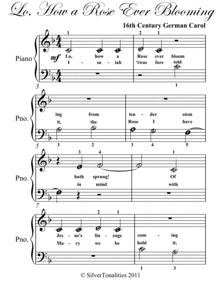 Lo How A Rose Ever Blooming Beginner Piano Sheet Music Page 2