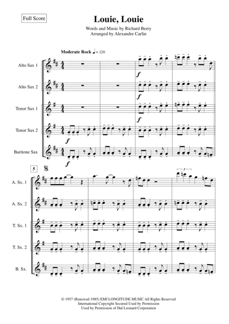 Louie Louie Saxophone Quintet Or Ensemble Page 2