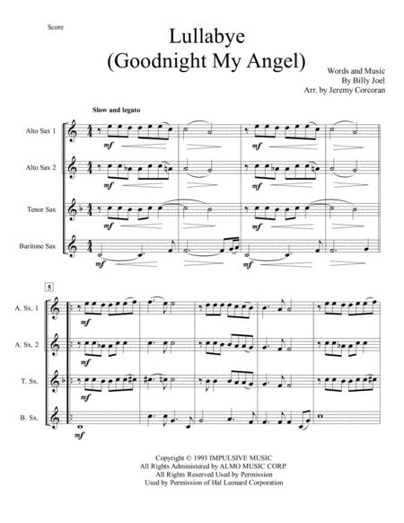 Lullabye Goodnight My Angel For Saxophone Quartet Satb Or Aatb Page 2