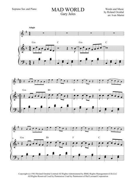 Mad World By Gary Jules Easy Soprano Sax And Piano Page 2