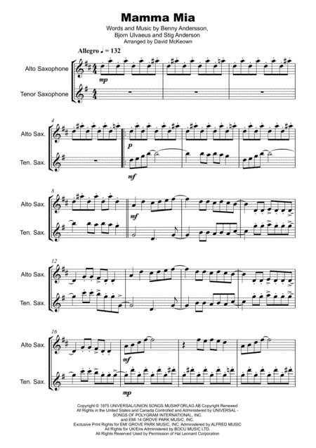 Mamma Mia By Abba For Alto And Tenor Saxophone Duet Page 2
