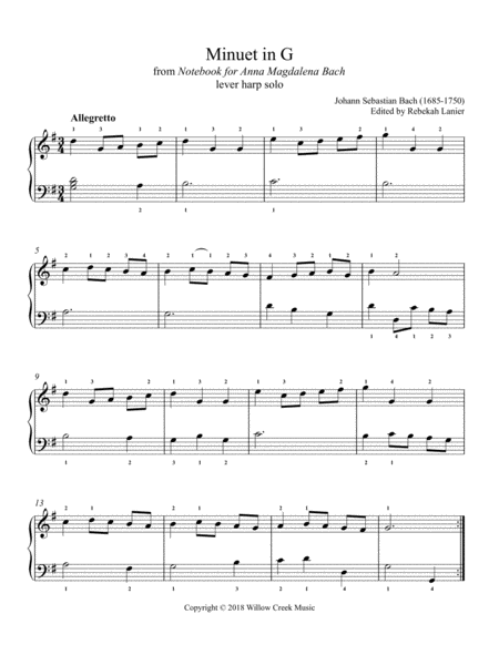 Minuet In G By Bach Solo Lever Or Pedal Harp Page 2