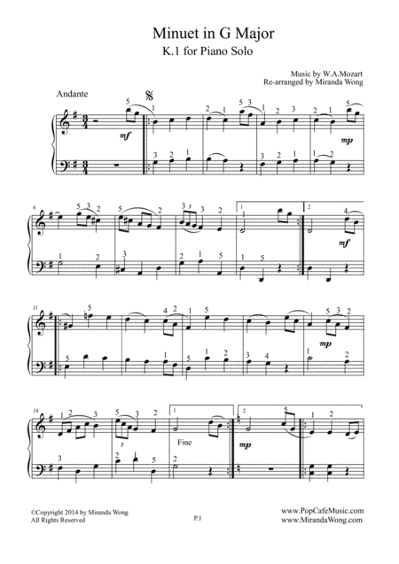 Minuet In G Major K 1 Piano Solo With Fingerings Page 2