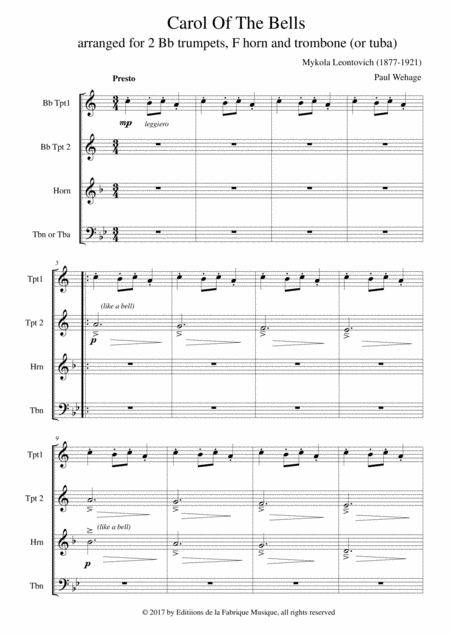 Mykola Leontovich Carol Of The Bells Arranged For Two Bb Trumpets Horn In F And Trombone Or Tuba Page 2