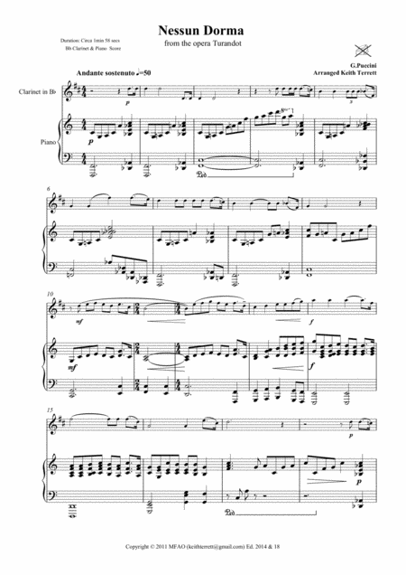Nessun Dorma For Bb Clarinet Piano Page 2