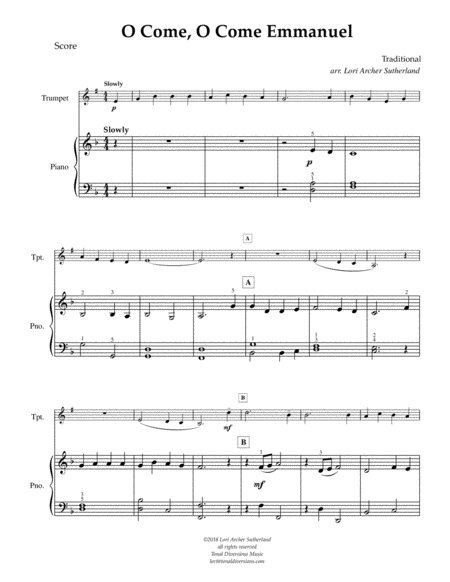 O Come O Come Emmanuel For Beginner Trumpet Piano Page 2