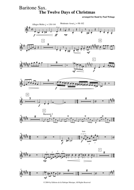 Paul Wehage The Twelve Days Of Christmas Arranged For Concert Band Baritone Saxophone Part Page 2