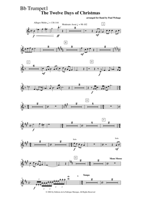 Paul Wehage The Twelve Days Of Christmas Arranged For Concert Band Bb Trumpet 1 Part Page 2