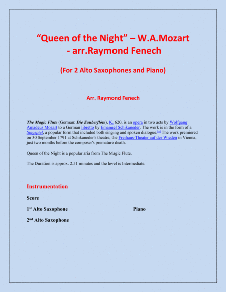 Queen Of The Night From The Magic Flute 2 Alto Saxes And Piano Page 2