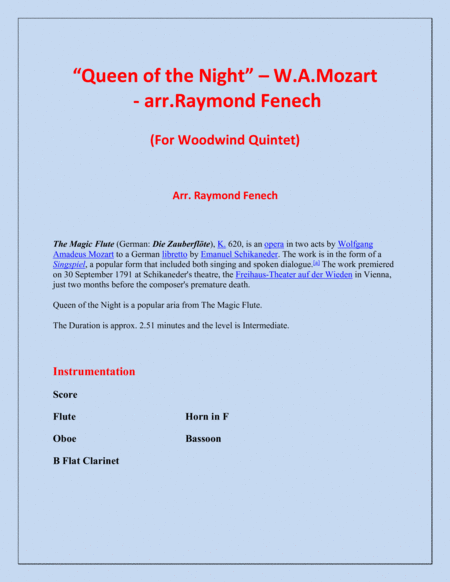 Queen Of The Night From The Magic Flute Woodwind Quintet Flute Oboe B Flat Clarinet Horn In F And Bassoon Page 2