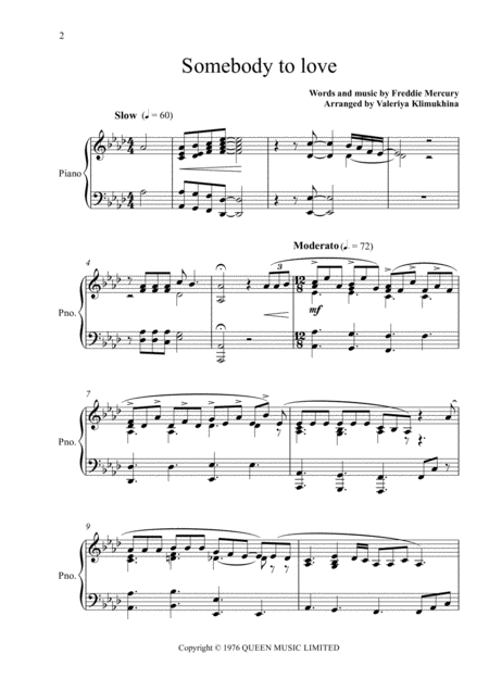 Queen Somebody To Love For Piano Solo Page 2