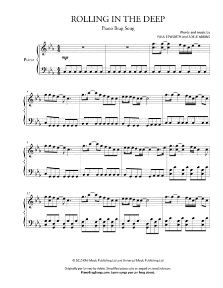 Rolling In The Deep Adele Simplified And Easy Key Piano Solos Page 2