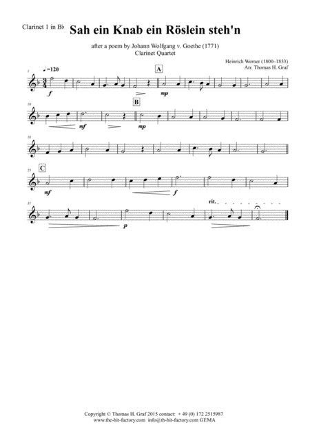 Sah Ein Knab Ein Roeslein Stehn German Folk Song Clarinet Quartet Page 2