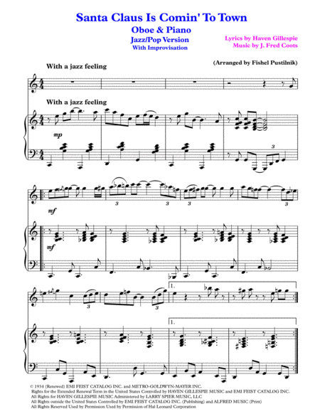 Santa Claus Is Comin To Town For Oboe And Piano Jazz Pop Version With Improvisation Page 2