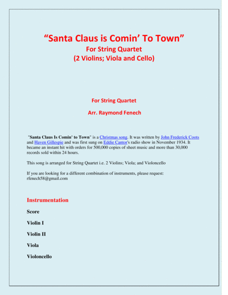 Santa Claus Is Comin To Town For String Quartet 2 Violins Viola And Violoncello Page 2