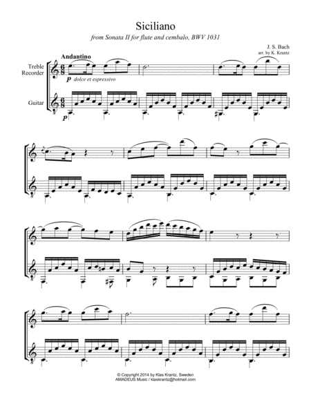 Siciliano Bwv 1031 For Treble Recorder And Guitar A Minor Page 2