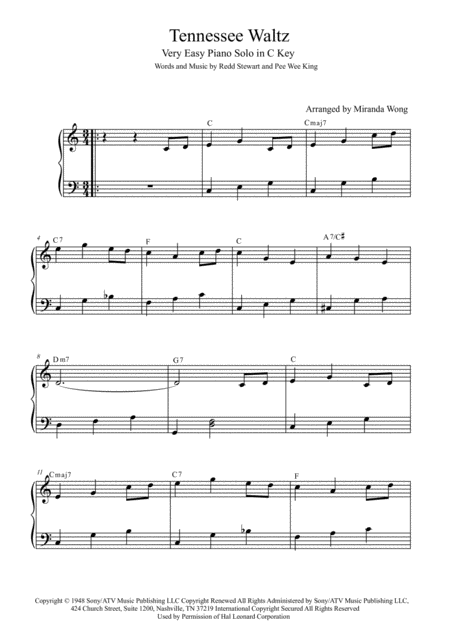 Tennessee Waltz Beginner Level Very Easy Piano Version In C Key Page 2