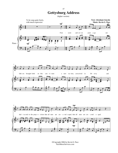 The Gettysburg Address Vocal Solo Unison Choral With Piano Accompaniment Page 2