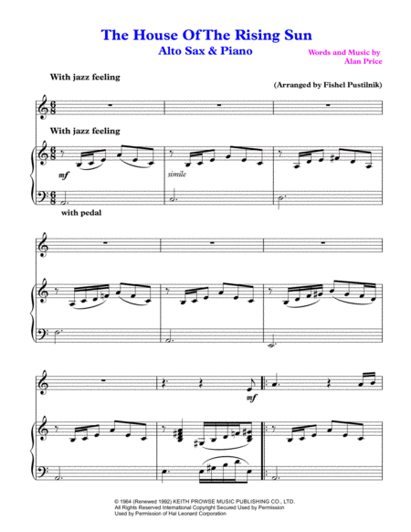 The House Of The Rising Sun For Alto Sax And Piano Video Page 2