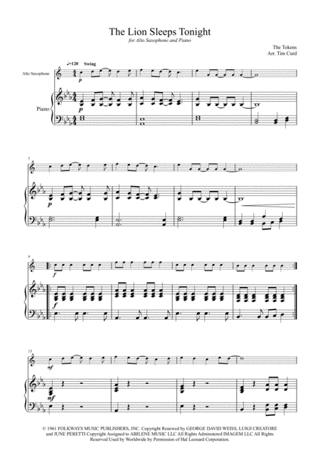 The Lion Sleeps Tonight For Alto Saxophone And Piano Page 2