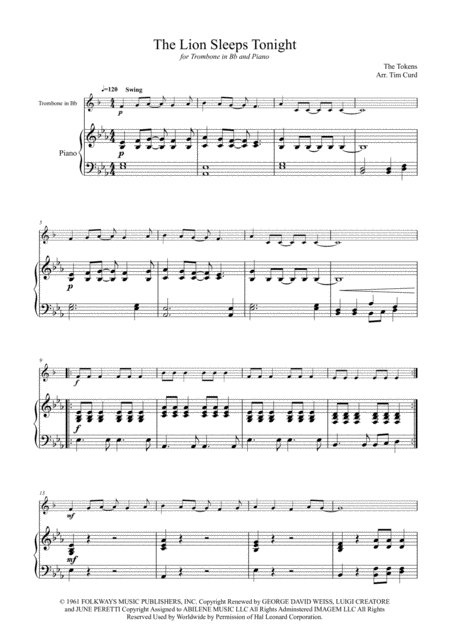 The Lion Sleeps Tonight For Trombone In Bb And Piano Page 2