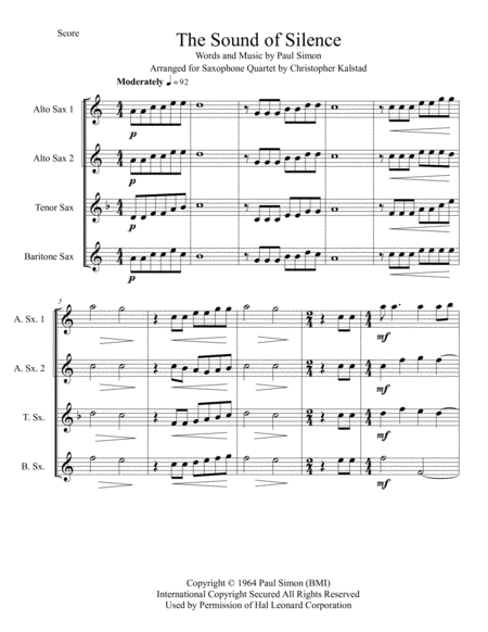 The Sound Of Silence Saxophone Quartet Page 2