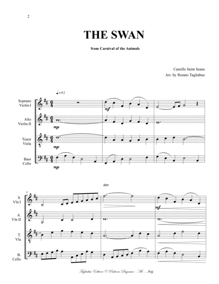 The Swan C Saint Seans For Polyphonic Choir Satb In Vocalization With String Quartet Parts Page 2