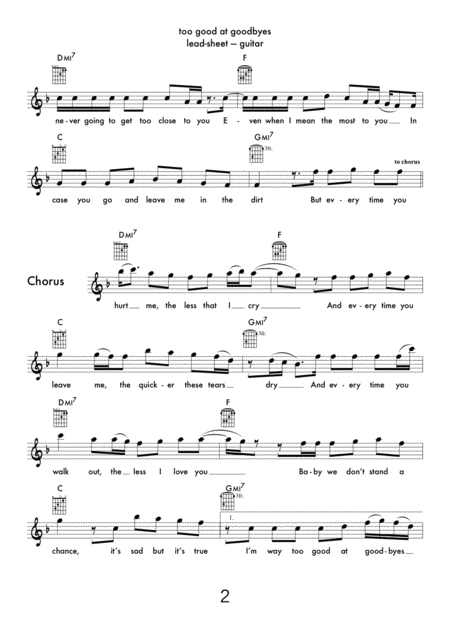 Too Good At Goodbyes Lead Sheet With Guitar Chords Page 2