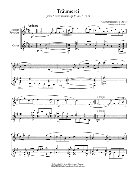 Traumerei Dreaming For Descant Recorder And Guitar Page 2