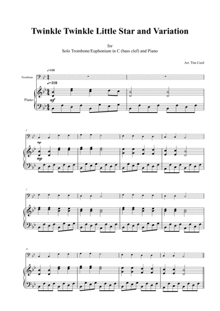 Twinkle Twinkle Little Star And Variation For Trombone Euphonium In C Bass Clef And Piano Page 2