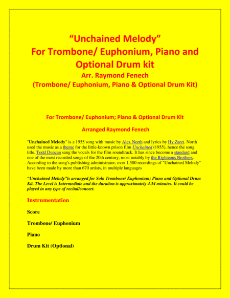 Unchained Melody For Solo Trombone Euphonium Piano Optional Drum Kit Page 2