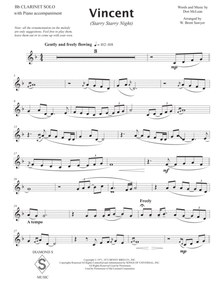 Vincent Starry Starry Night Bb Clarinet Solo With Piano Page 2