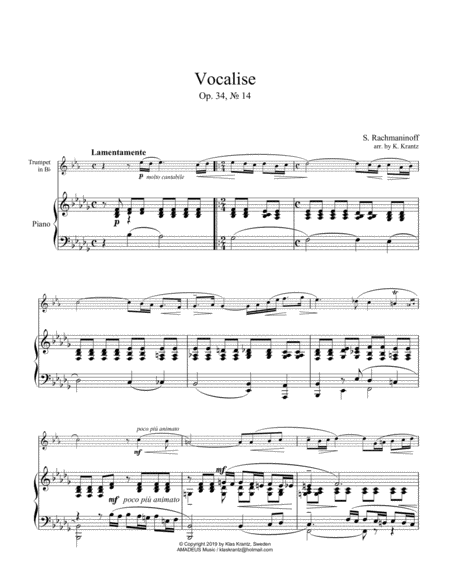 Vocalise Op 34 For Trumpet In Bb And Piano Page 2