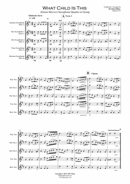 What Child Is This Green Sleeves Saxophone Quartet Or Group Score And Parts Pdf Page 2