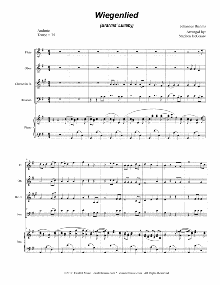 Wiegenlied Brahms Lullaby For Woodwind Quartet And Piano Page 2