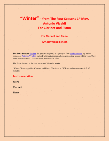 Winter From The Four Season 1 St Mov B Flat Clarinet And Piano Page 2