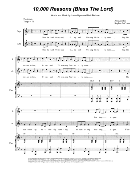 Free Sheet Music 10 000 Reasons Bless The Lord For 2 Part Choir Sa