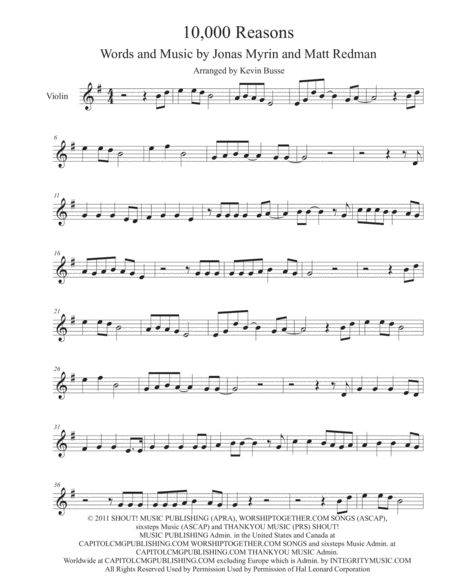 Free Sheet Music 10 000 Reasons Original Key Violin