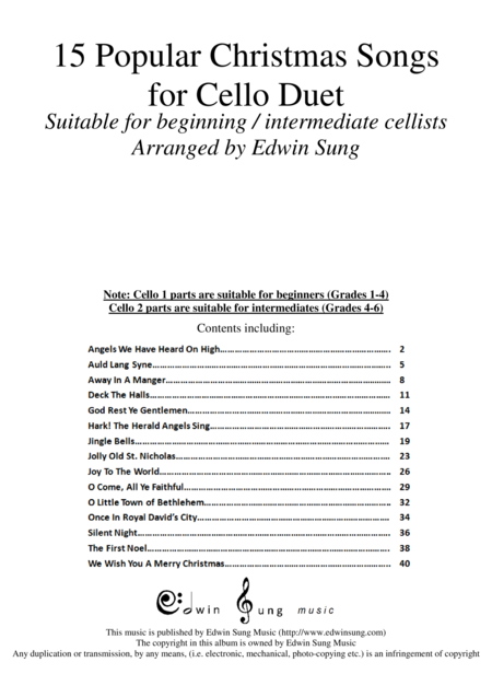 15 Popular Christmas Songs For Cello Duet Suitable For Beginning Intermediate Cellists Sheet Music