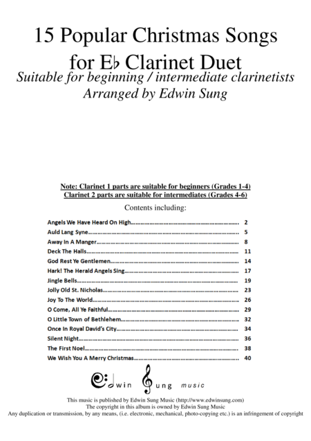 Free Sheet Music 15 Popular Christmas Songs For Eb Clarinet Duet Suitable For Beginning Intermediate Clarinetists