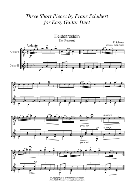 Free Sheet Music 3 Short Pieces By Schubert For Easy Guitar Duo
