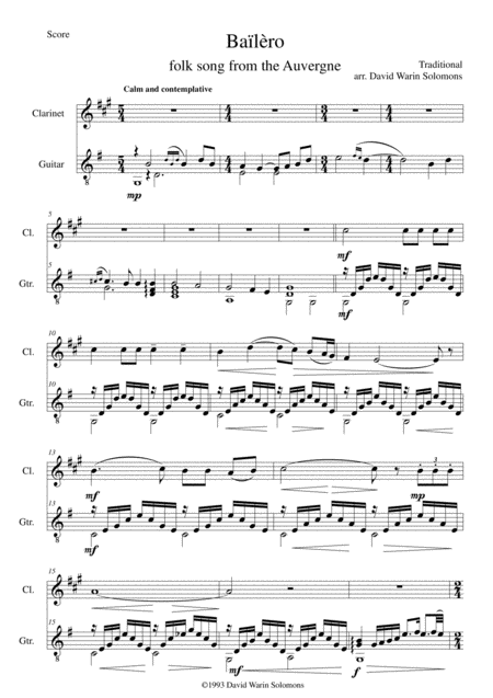 3 Songs Of The Auvergne For Clarinet Guitar Sheet Music