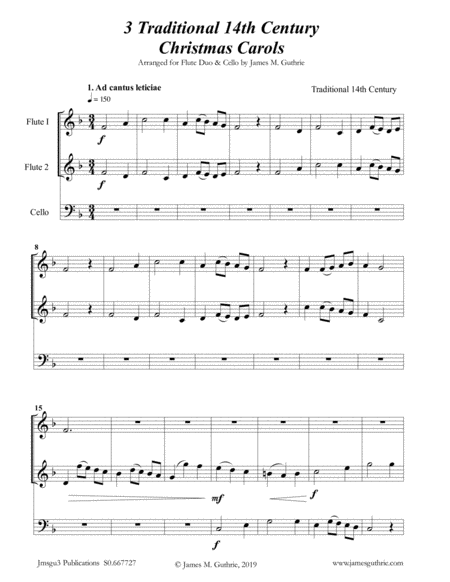 3 Traditional 14th Century Christmas Carols For Flute Duo Cello Sheet Music