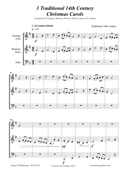 Free Sheet Music 3 Traditional 14th Century Christmas Carols For Trumpet Baritone Horn Tuba